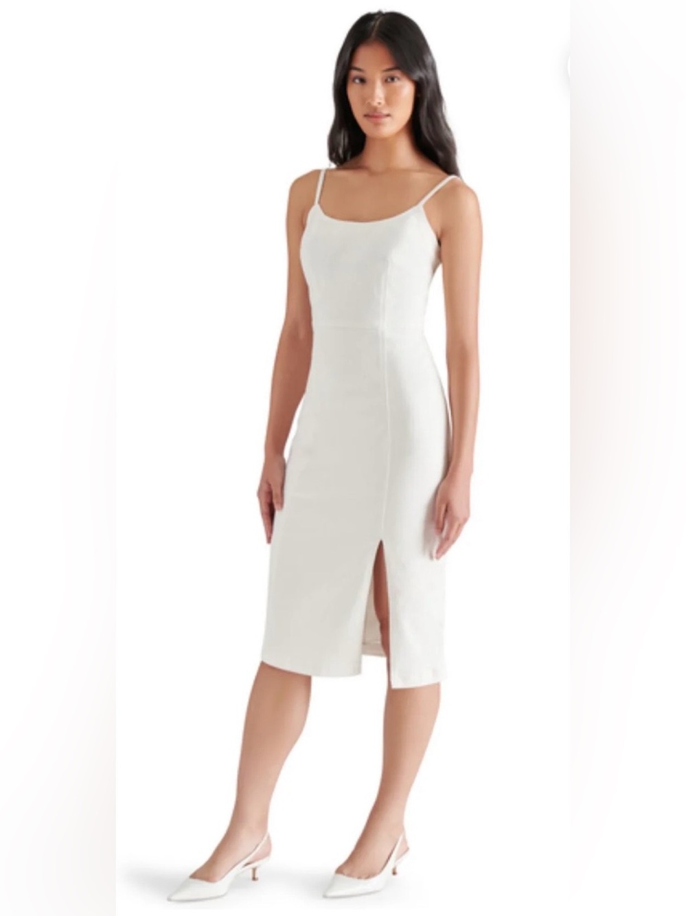 Steve Madden Fitted Denim Slip Midi Dress White Stretch Size 6 NWT